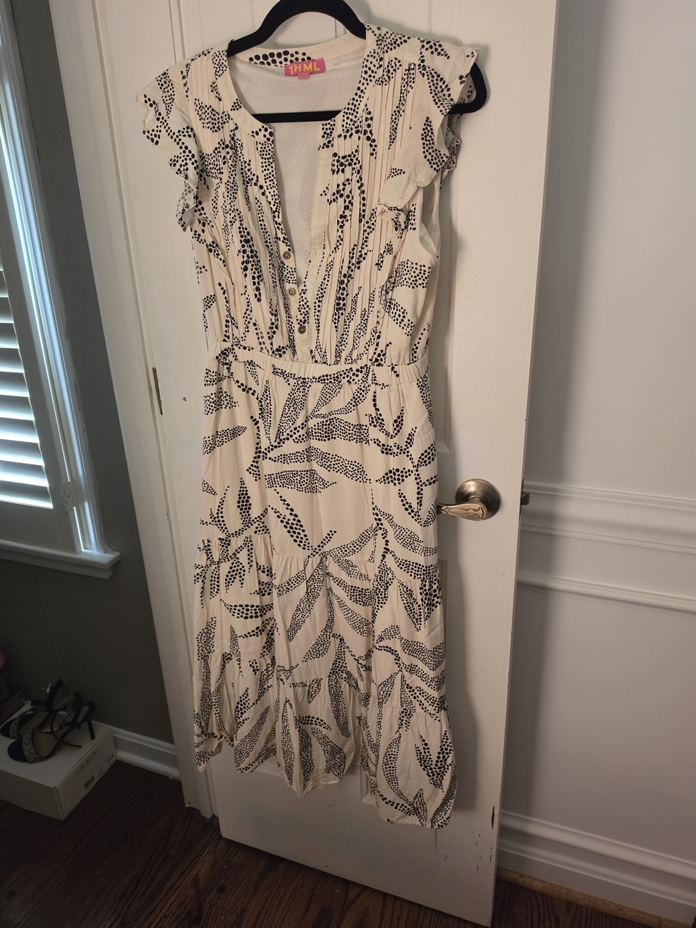 THML Cream and Black Printed Ruffle Sleeve Midi Dress